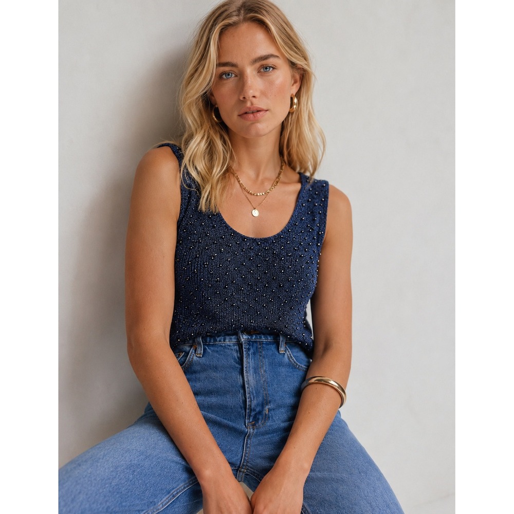Christine Phillipe Navy Blue Metallic Beaded Ribbed Knit Scoop Neck Tank Top M‎